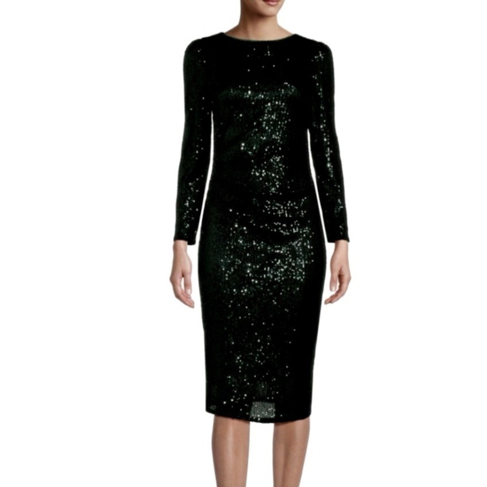 Nanette‎ Lepore Sequin Dress Womens 8 Black NEW Long Sleeve Ruched Midi Sheath